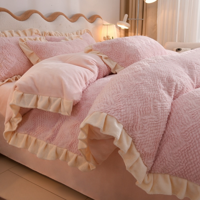 91家纺网 家纺一手货源 找家纺 优家居 2025新款加厚兔毛绒四件套 水波兔-粉