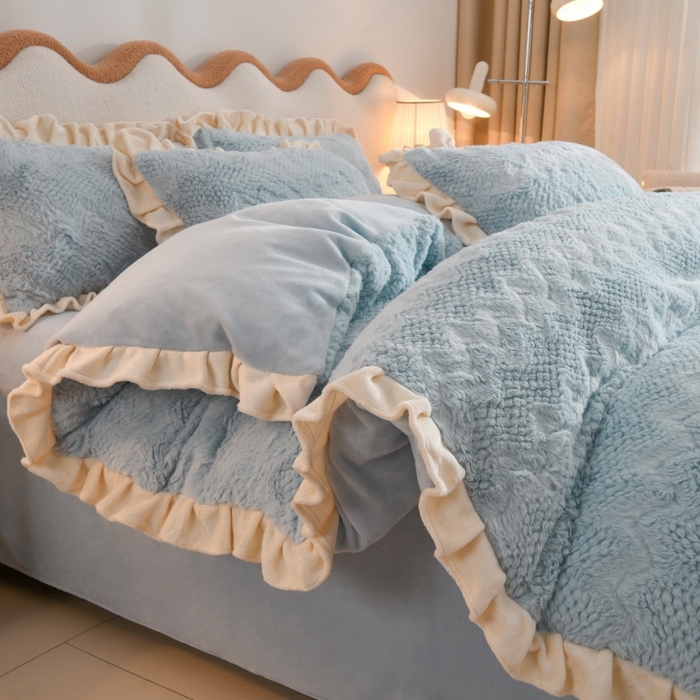 91家纺网 家纺一手货源 找家纺 优家居 2025新款加厚兔毛绒四件套 水波兔-蓝