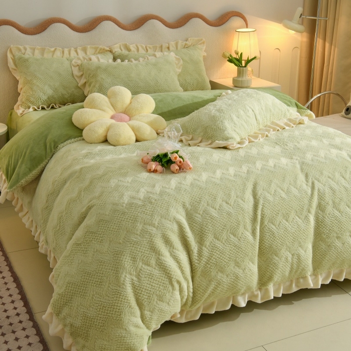 91家纺网 家纺一手货源 找家纺 优家居 2025新款加厚兔毛绒四件套 水波兔-绿