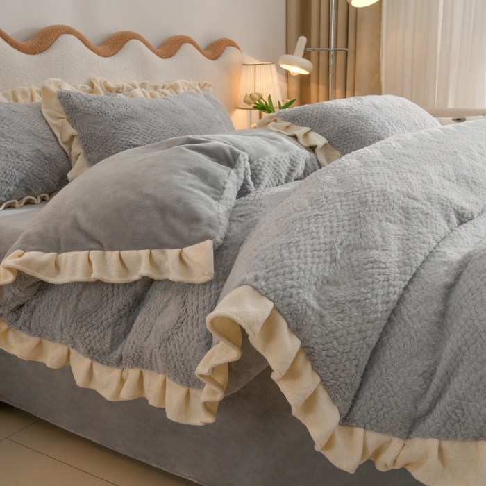 91家纺网 家纺一手货源 找家纺 优家居 2025新款加厚兔毛绒四件套 水波兔-灰