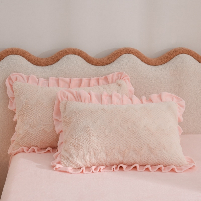 91家纺网 家纺一手货源 找家纺 优家居 2025新款加厚兔毛绒四件套 水波兔-白粉