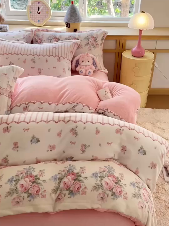 91家纺网 家纺一手货源 找家纺 一比一  2026新款双面牛奶绒四件套 欧风花影