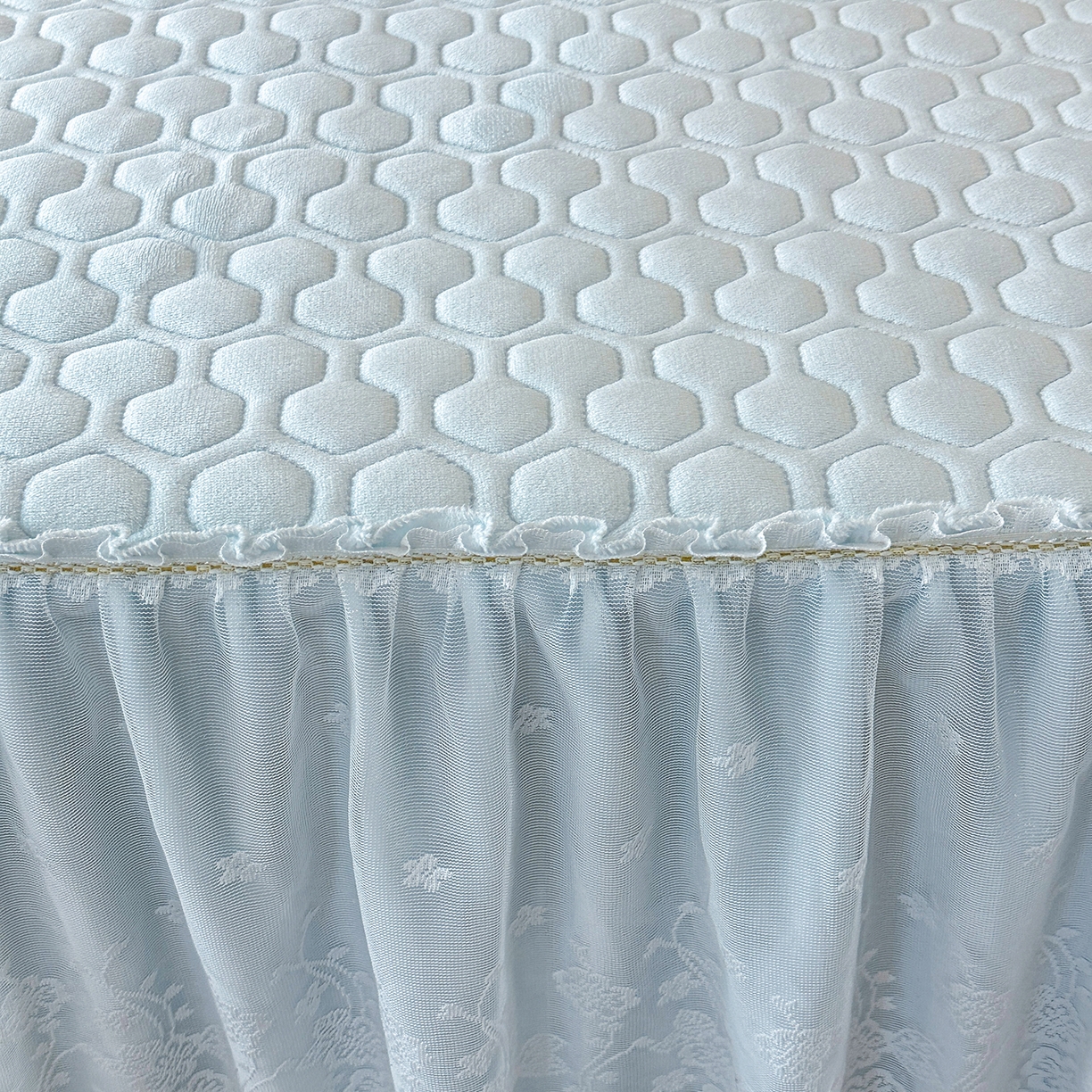 91家纺网 家纺一手货源 找家纺 民新家纺 2025新款牛奶绒夹棉床裙三件套 浪漫时光-浅蓝