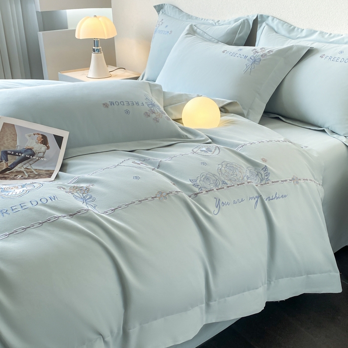 91家纺网 家纺一手货源 找家纺 桃园 新款纯棉全棉长绒棉磨毛四件套不掉毛高端礼盒-马赛系列（包含买家秀） 马赛 飘蓝