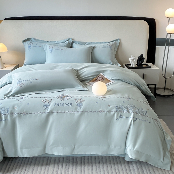 桃园 新款纯棉全棉长绒棉磨毛四件套不掉毛高端礼盒-马赛系列（包含买家秀） 马赛 飘蓝