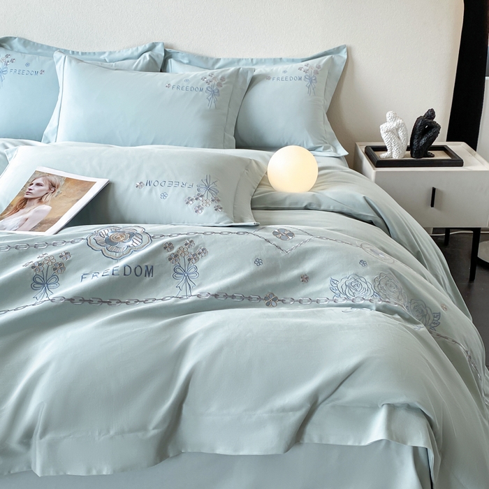 91家纺网 家纺一手货源 找家纺 桃园 新款纯棉全棉长绒棉磨毛四件套不掉毛高端礼盒-马赛系列（包含买家秀） 马赛 飘蓝