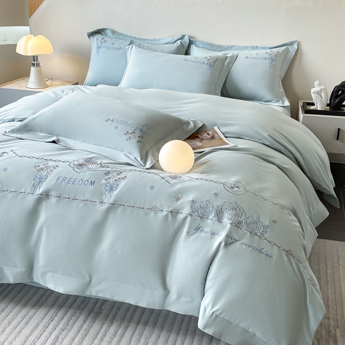 91家纺网 家纺一手货源 找家纺 桃园 新款纯棉全棉长绒棉磨毛四件套不掉毛高端礼盒-马赛系列（包含买家秀） 马赛 飘蓝