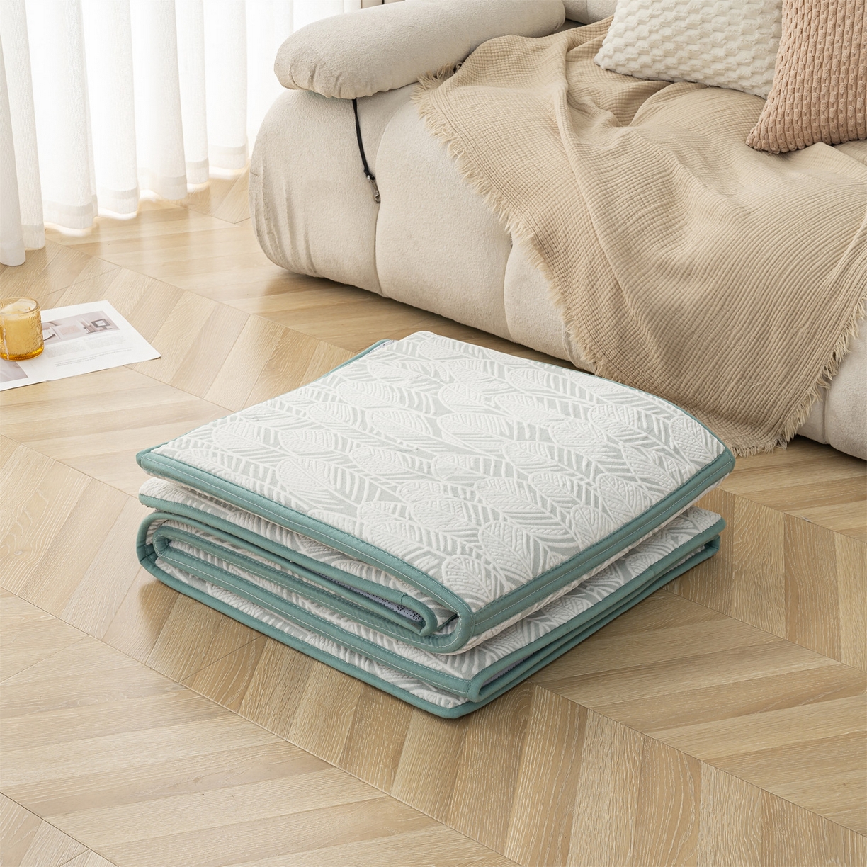 91家纺网 家纺一手货源 找家纺 新太阳蚊帐 2025新款云棉绒雕花可折叠地垫垫子 叶纹雅格垫