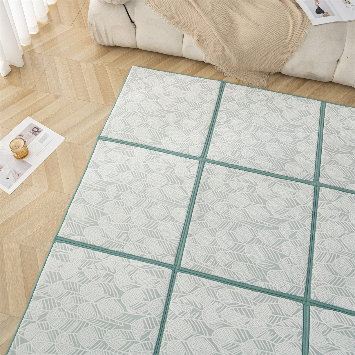 91家纺网 家纺一手货源 找家纺 新太阳蚊帐 2025新款云棉绒雕花可折叠地垫垫子 叶纹雅格垫