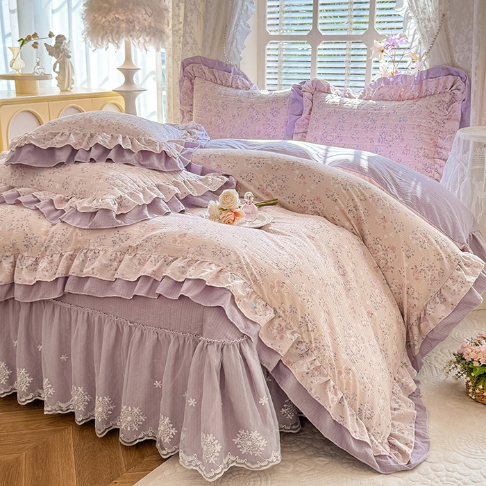 梦纤绒 2025秋冬新款ins风小清新AB版法式云朵绒木棉皱皱纱床盖款四件套 紫韵