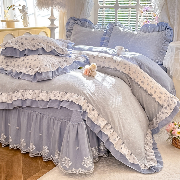 梦纤绒 2025秋冬新款ins风小清新AB版法式云朵绒木棉皱皱纱床盖款四件套 兰黛