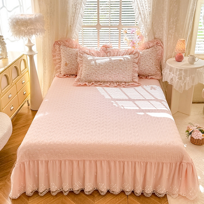 91家纺网 家纺一手货源 找家纺 梦纤绒 2025秋冬新款ins风小清新AB版法式云朵绒木棉皱皱纱床盖款四件套 莫奈-粉