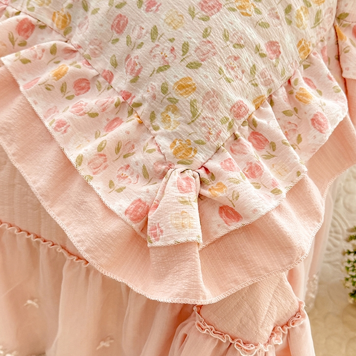 91家纺网 家纺一手货源 找家纺 梦纤绒 2025秋冬新款ins风小清新AB版法式云朵绒木棉皱皱纱床盖款四件套 莫奈-粉