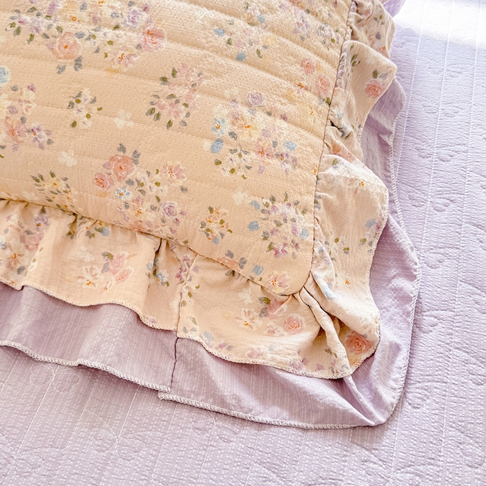 91家纺网 家纺一手货源 找家纺 梦纤绒 2025秋冬新款ins风小清新AB版法式云朵绒木棉皱皱纱床盖款四件套 紫韵