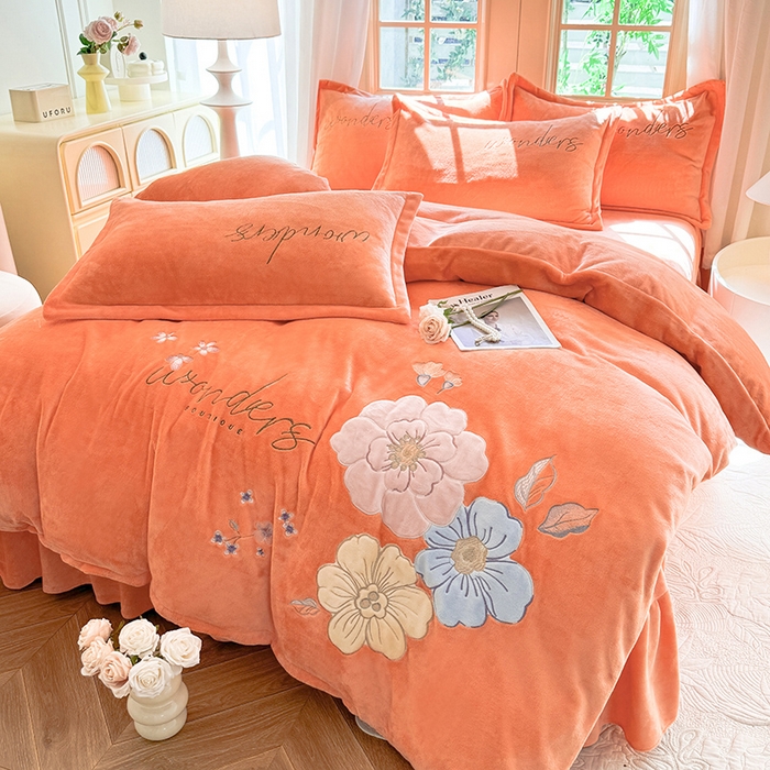 91家纺网 家纺一手货源 找家纺 梦纤绒 2025秋冬新款8斤220g全消光牛奶绒系列四件套-梦境 梦境--艾玛橙