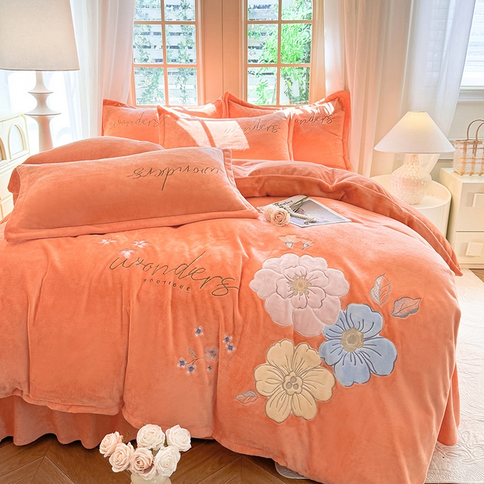 91家纺网 家纺一手货源 找家纺 梦纤绒 2025秋冬新款8斤220g全消光牛奶绒系列四件套-梦境 梦境--艾玛橙