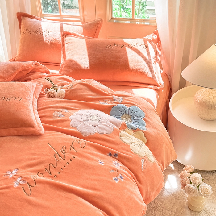 91家纺网 家纺一手货源 找家纺 梦纤绒 2025秋冬新款8斤220g全消光牛奶绒系列四件套-梦境 梦境--艾玛橙