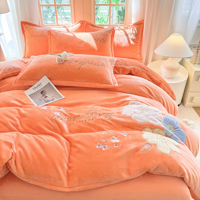 91家纺网 家纺一手货源 找家纺 梦纤绒 2025秋冬新款8斤220g全消光牛奶绒系列四件套-梦境 梦境--艾玛橙