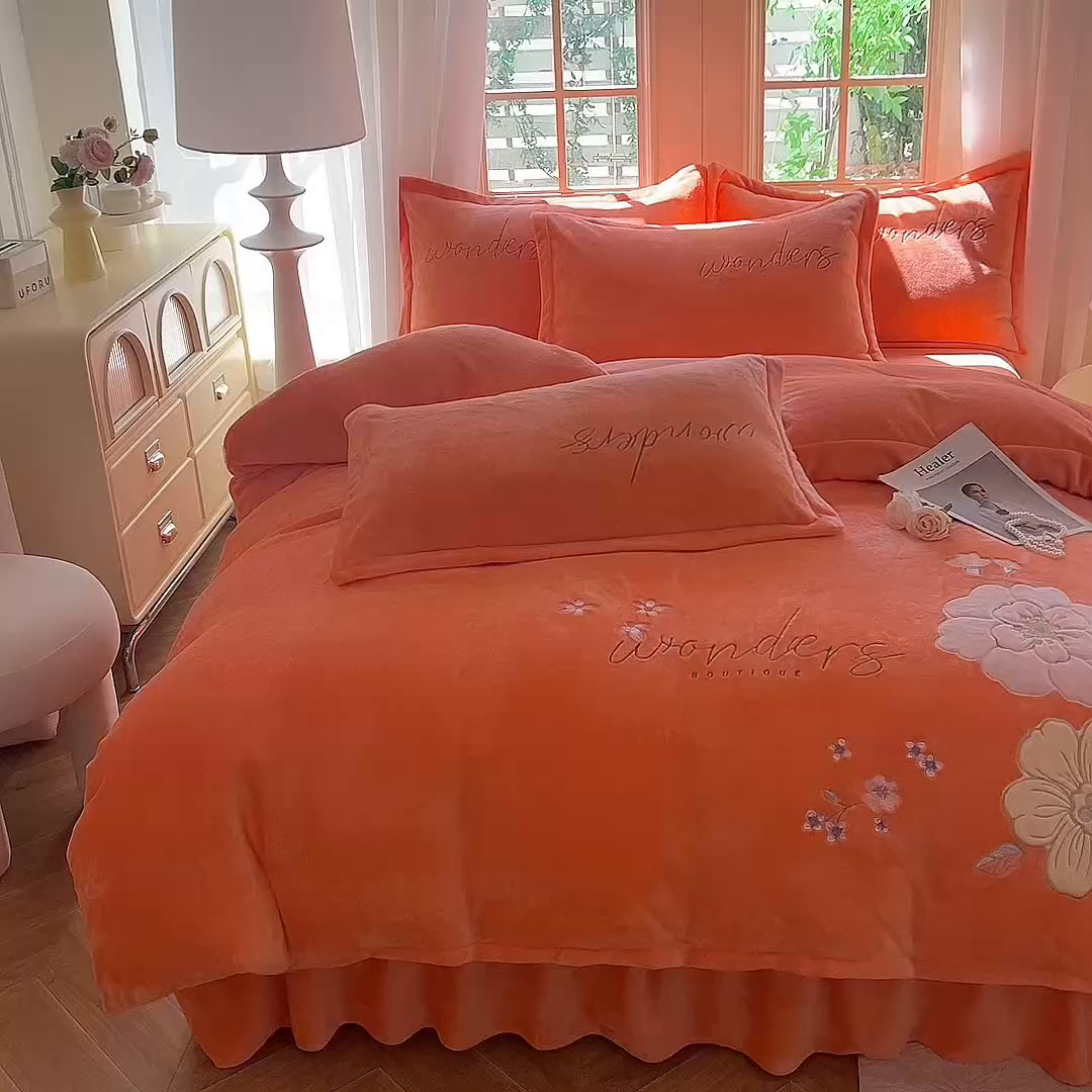 91家纺网 家纺一手货源 找家纺 梦纤绒 2025秋冬新款8斤220g全消光牛奶绒系列四件套-梦境 梦境--艾玛橙