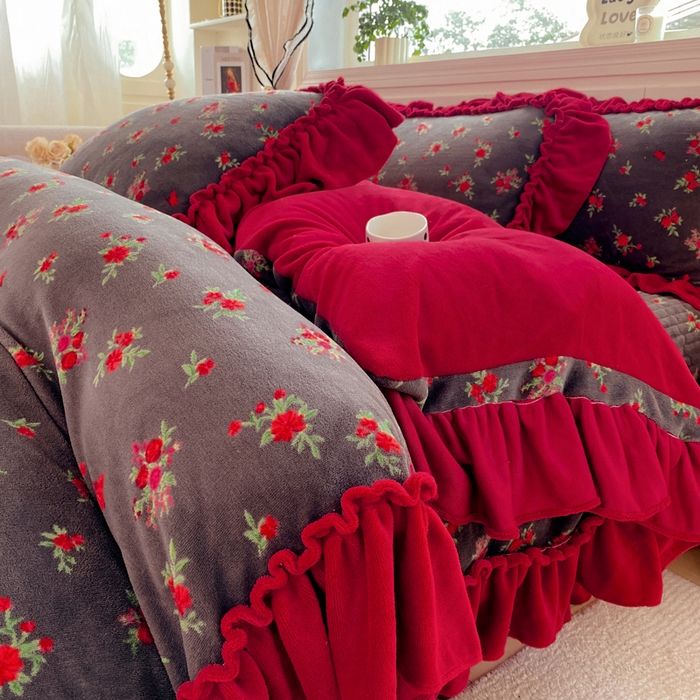 大麦家纺 2025新款高克重牛奶绒花边床盖四件套 玫瑰故事