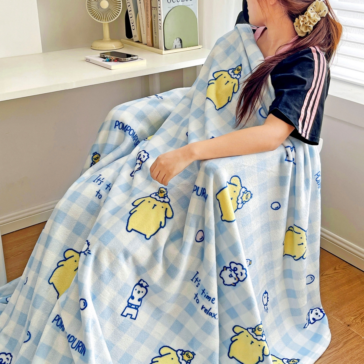 91家纺网 家纺一手货源 找家纺 耀悦家纺 2025秋冬新款正版授权三丽鸥高克重卡通牛奶绒毛毯多功能毯子盖毯 蓝格布丁狗