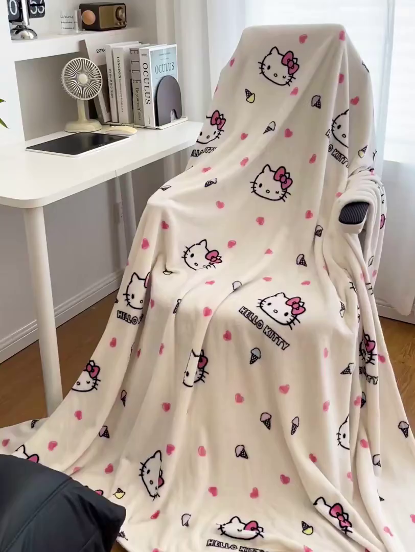 91家纺网 家纺一手货源 找家纺 耀悦家纺 2025秋冬新款正版授权三丽鸥高克重卡通牛奶绒毛毯多功能毯子盖毯 Hello Kitty冰淇淋
