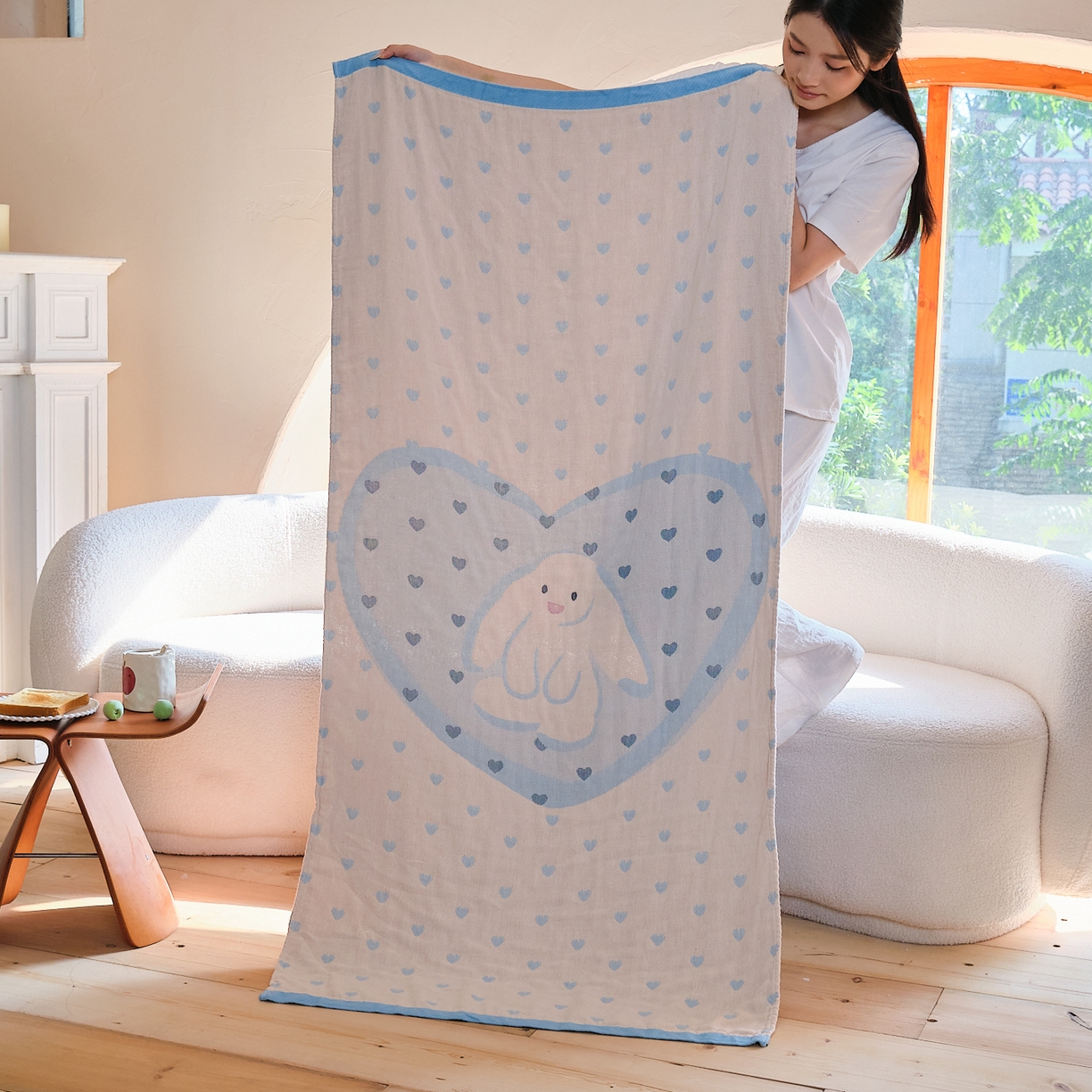 沐瑟家纺 2025新款卡通A类全棉四层纱布浴巾加大毛巾-第一组 爱心小兔 80*160cm