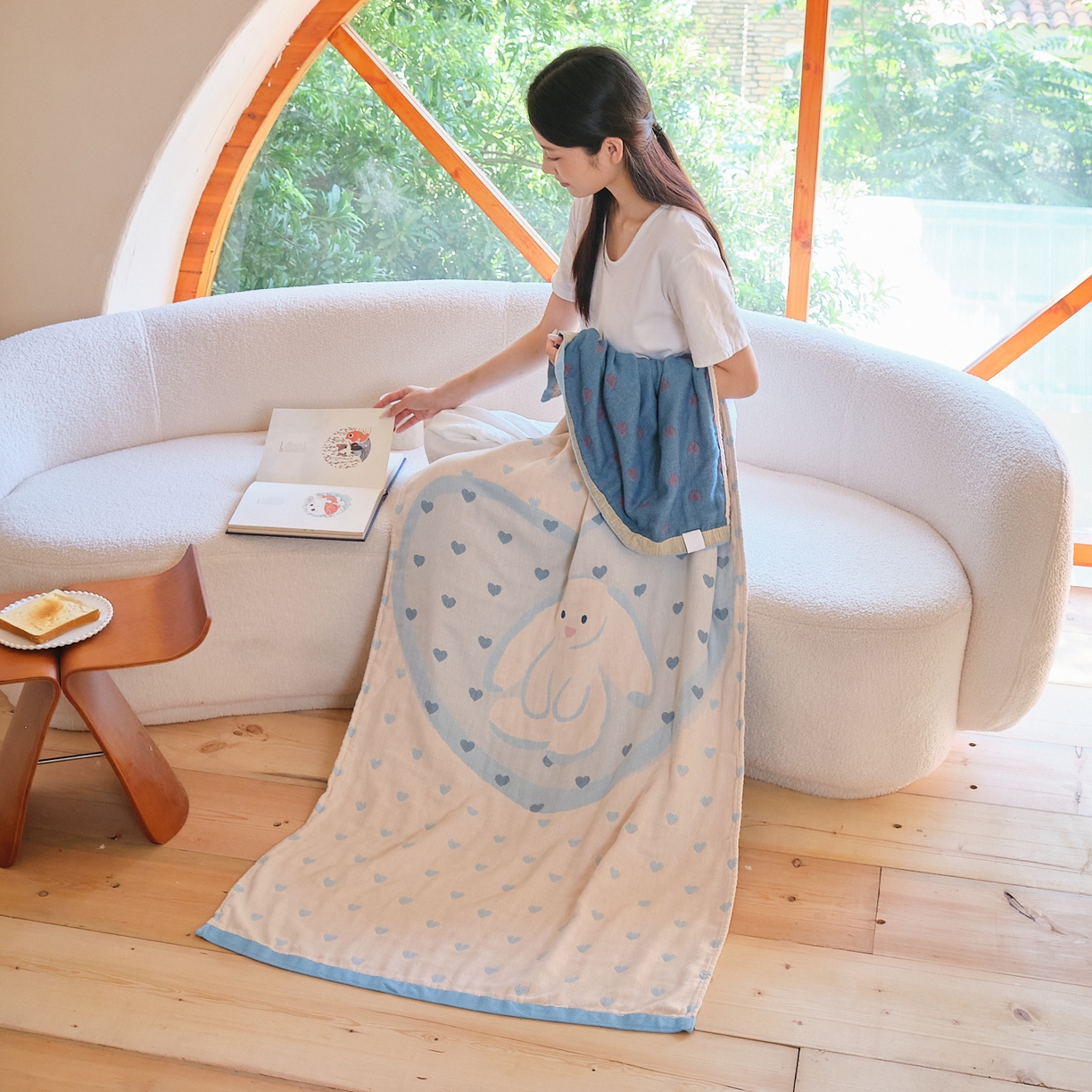 91家纺网 家纺一手货源 找家纺 沐瑟家纺 2025新款卡通A类全棉四层纱布浴巾加大毛巾-第一组 爱心小兔 80*160cm