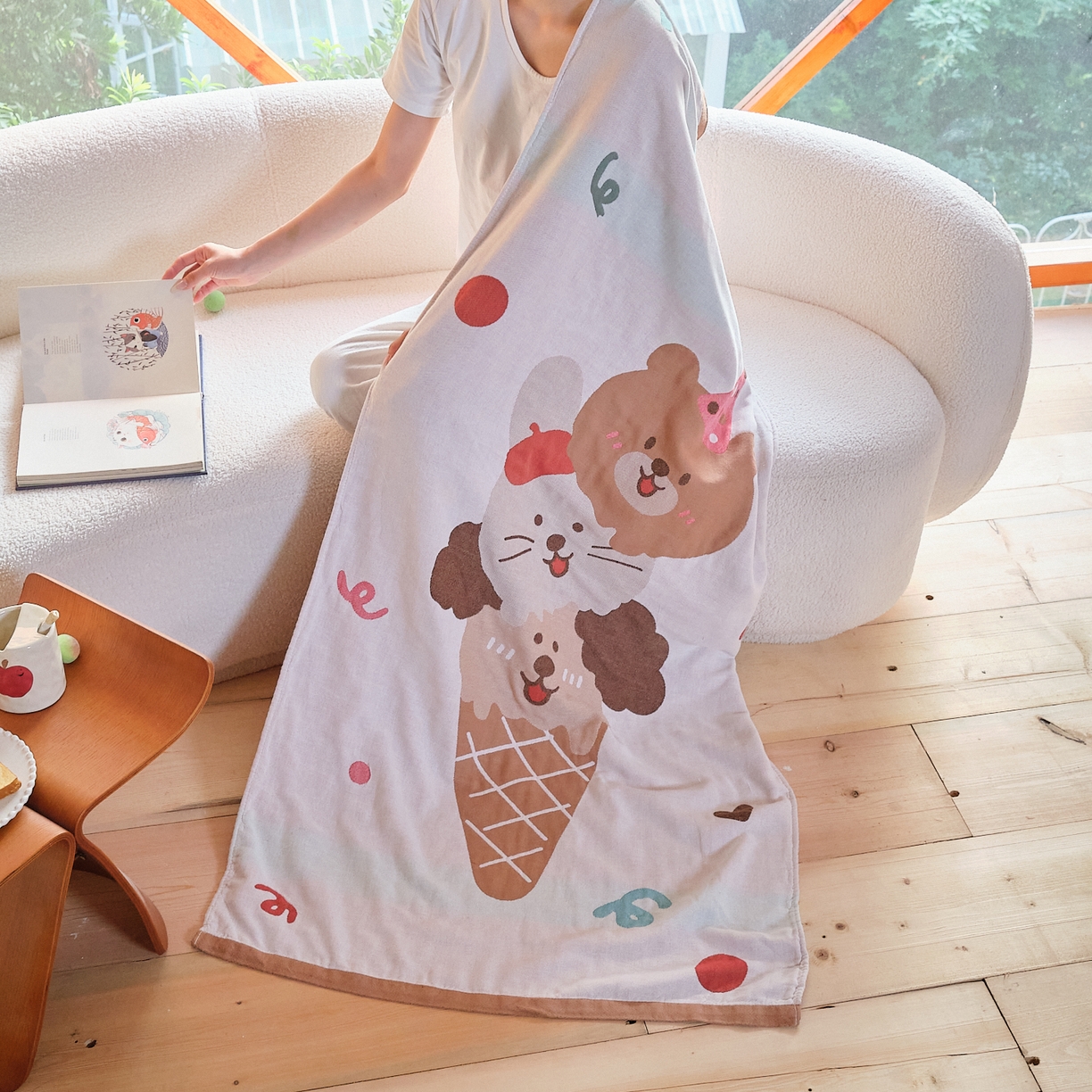 91家纺网 家纺一手货源 找家纺 沐瑟家纺 2025新款卡通A类全棉四层纱布浴巾加大毛巾-第一组 甜蜜宝贝 80*160cm