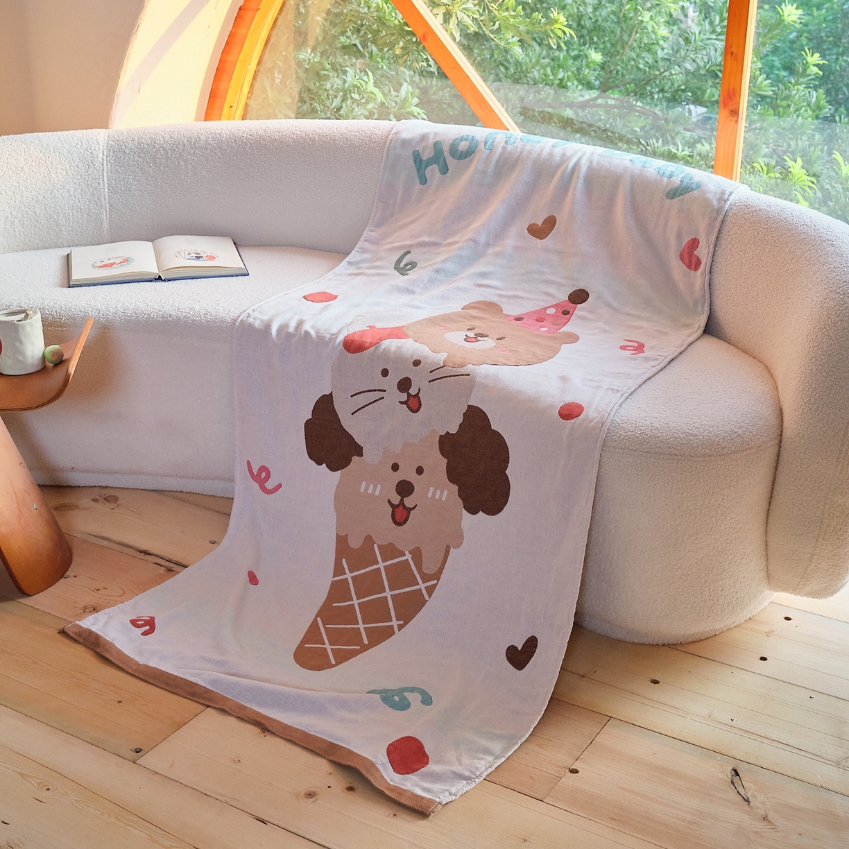 91家纺网 家纺一手货源 找家纺 沐瑟家纺 2025新款卡通A类全棉四层纱布浴巾加大毛巾-第一组 甜蜜宝贝 80*160cm