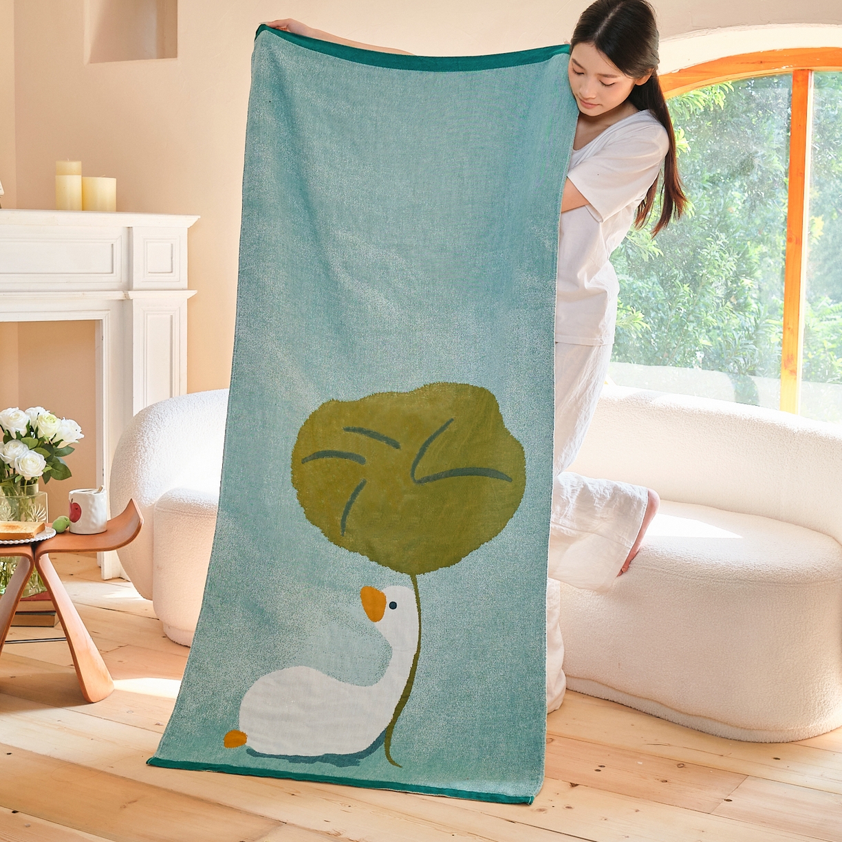 沐瑟家纺 2025新款卡通A类全棉四层纱布浴巾加大毛巾-第一组 荷叶鸭 80*160cm