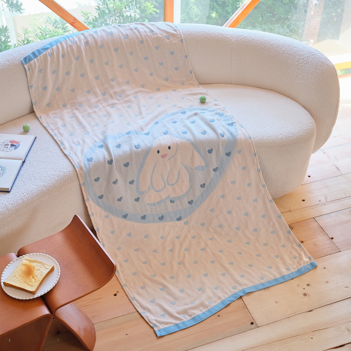 91家纺网 家纺一手货源 找家纺 沐瑟家纺 2025新款卡通A类全棉四层纱布浴巾加大毛巾-第一组 爱心小兔 80*160cm