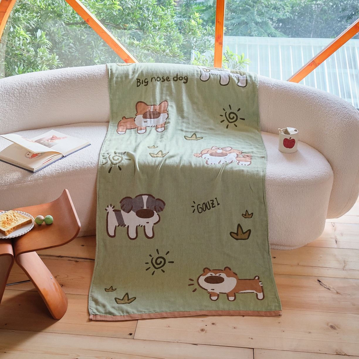 91家纺网 家纺一手货源 找家纺 沐瑟家纺 2025新款卡通A类全棉四层纱布浴巾加大毛巾-第一组 绿地狗 80*160cm