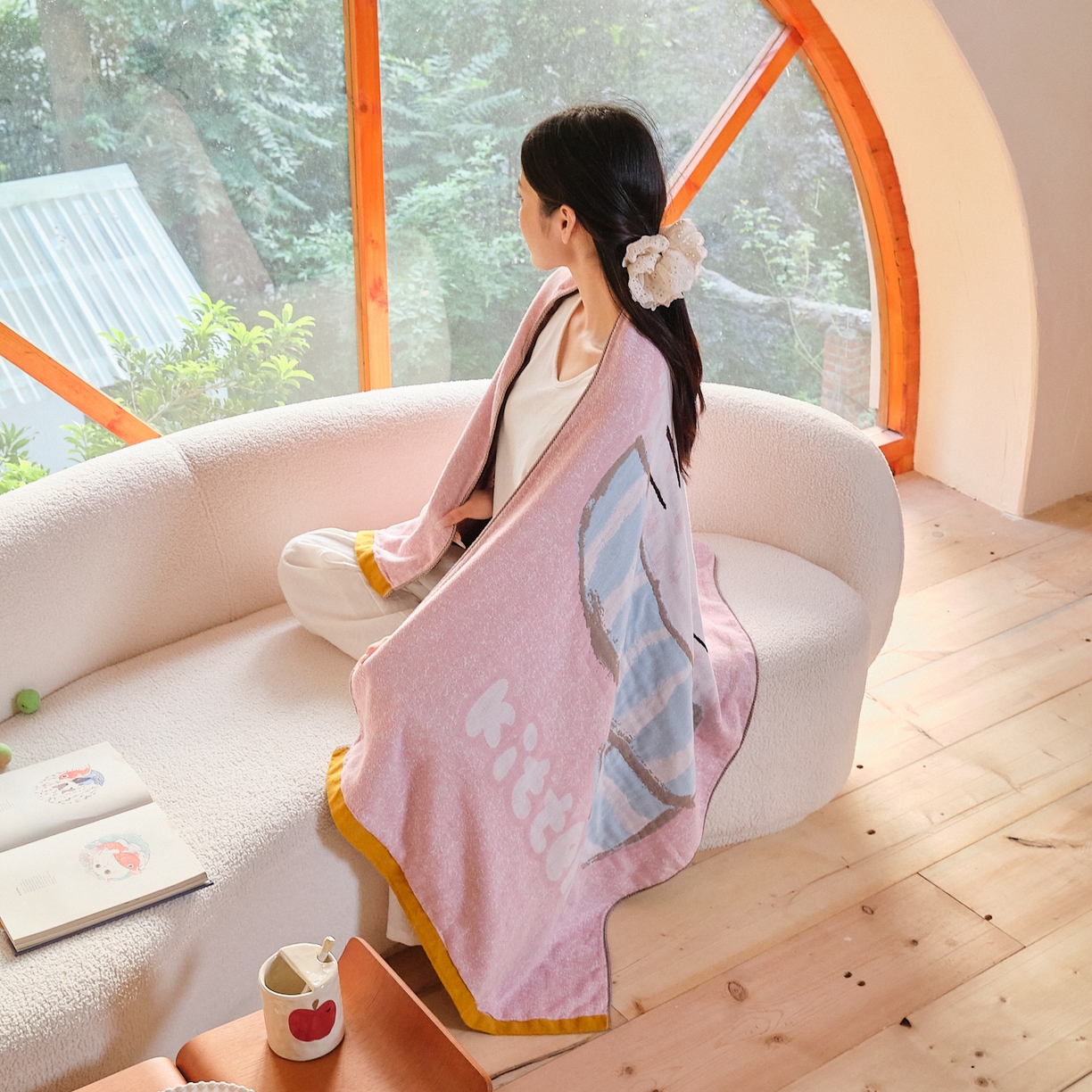 91家纺网 家纺一手货源 找家纺 沐瑟家纺 2025新款卡通A类全棉四层纱布浴巾加大毛巾-第一组 KT猫 80*160cm