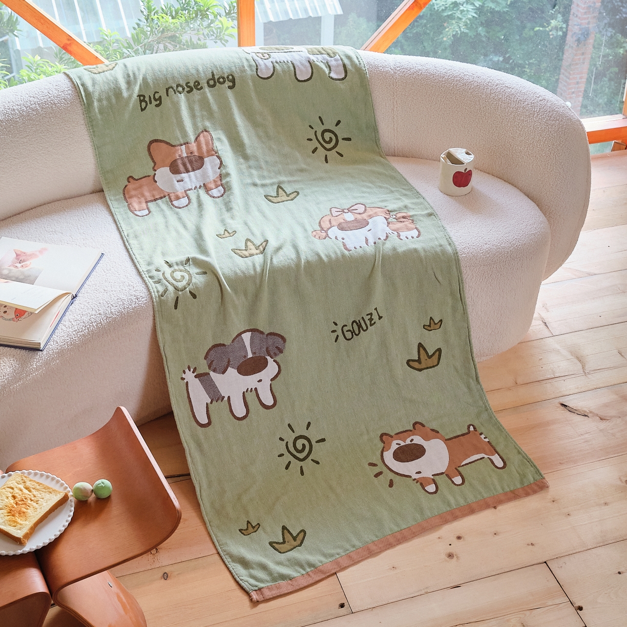 91家纺网 家纺一手货源 找家纺 沐瑟家纺 2025新款卡通A类全棉四层纱布浴巾加大毛巾-第一组 绿地狗 80*160cm