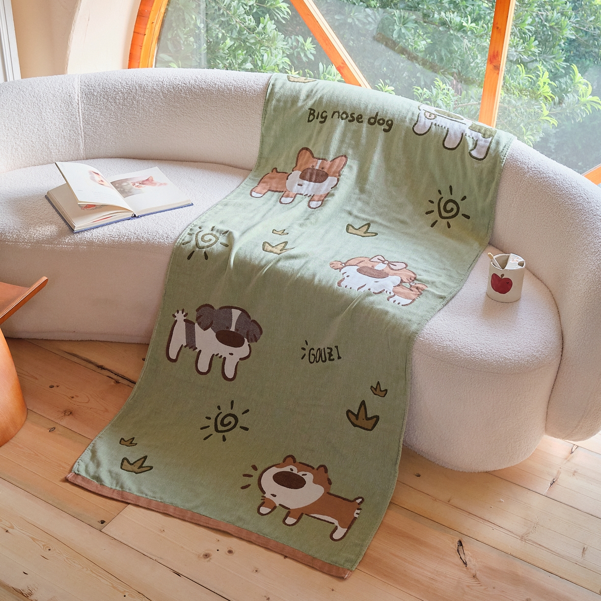 91家纺网 家纺一手货源 找家纺 沐瑟家纺 2025新款卡通A类全棉四层纱布浴巾加大毛巾-第一组 绿地狗 80*160cm