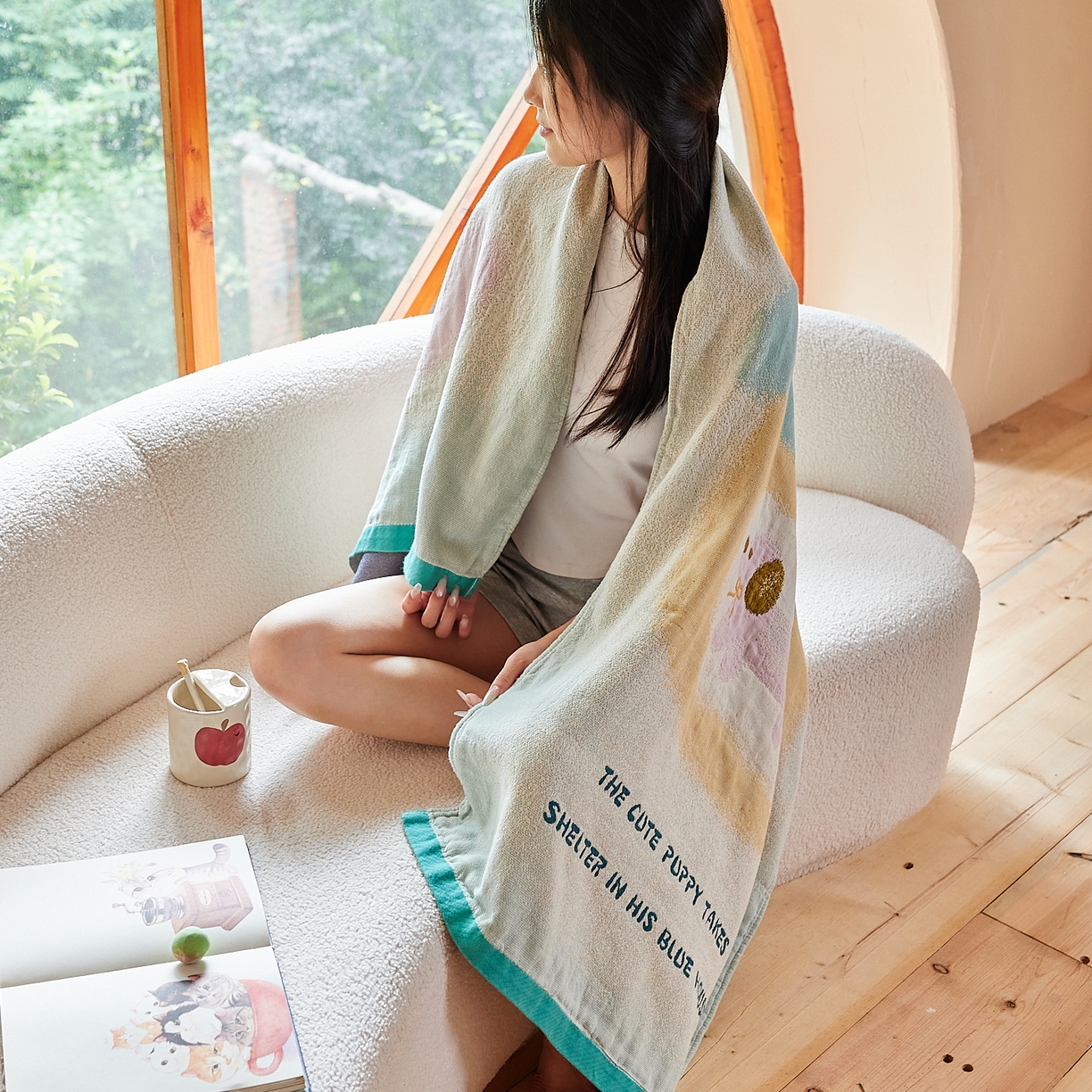 91家纺网 家纺一手货源 找家纺 沐瑟家纺 2025新款卡通A类全棉四层纱布浴巾加大毛巾-第一组 蓝色小屋 80*160cm