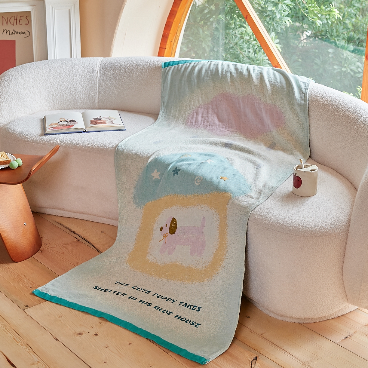 91家纺网 家纺一手货源 找家纺 沐瑟家纺 2025新款卡通A类全棉四层纱布浴巾加大毛巾-第一组 蓝色小屋 80*160cm