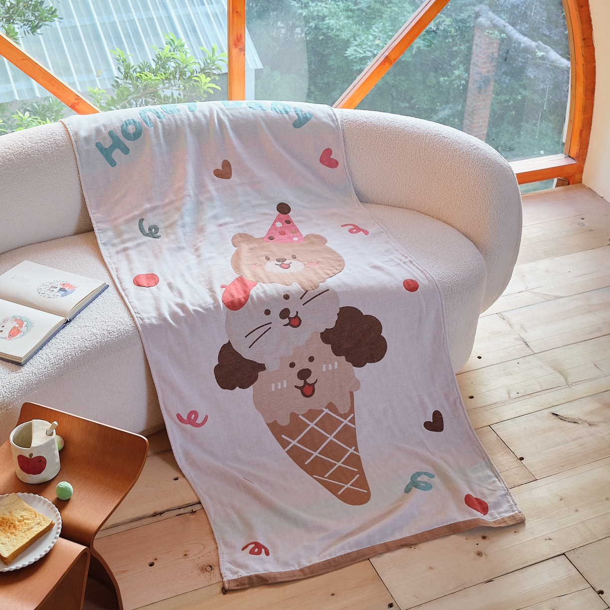 91家纺网 家纺一手货源 找家纺 沐瑟家纺 2025新款卡通A类全棉四层纱布浴巾加大毛巾-第一组 甜蜜宝贝 80*160cm