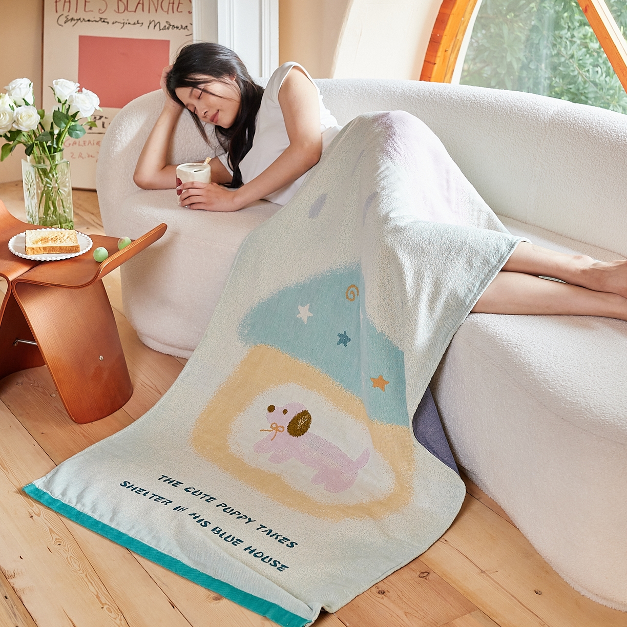 91家纺网 家纺一手货源 找家纺 沐瑟家纺 2025新款卡通A类全棉四层纱布浴巾加大毛巾-第一组 蓝色小屋 80*160cm