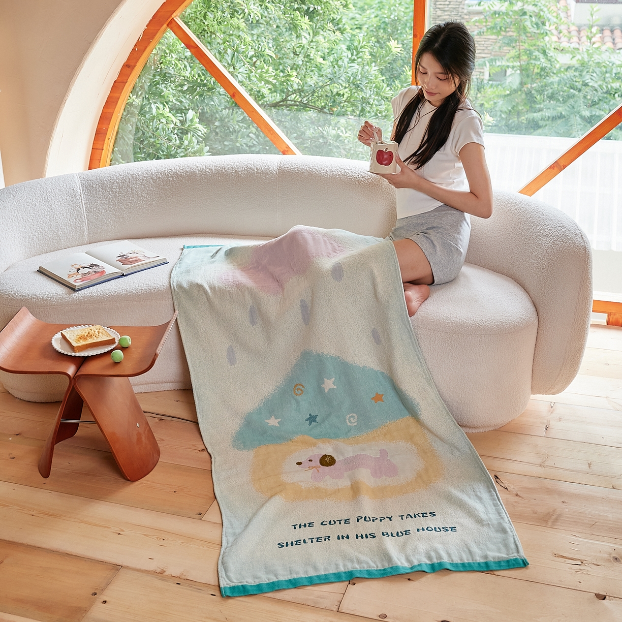 91家纺网 家纺一手货源 找家纺 沐瑟家纺 2025新款卡通A类全棉四层纱布浴巾加大毛巾-第一组 蓝色小屋 80*160cm