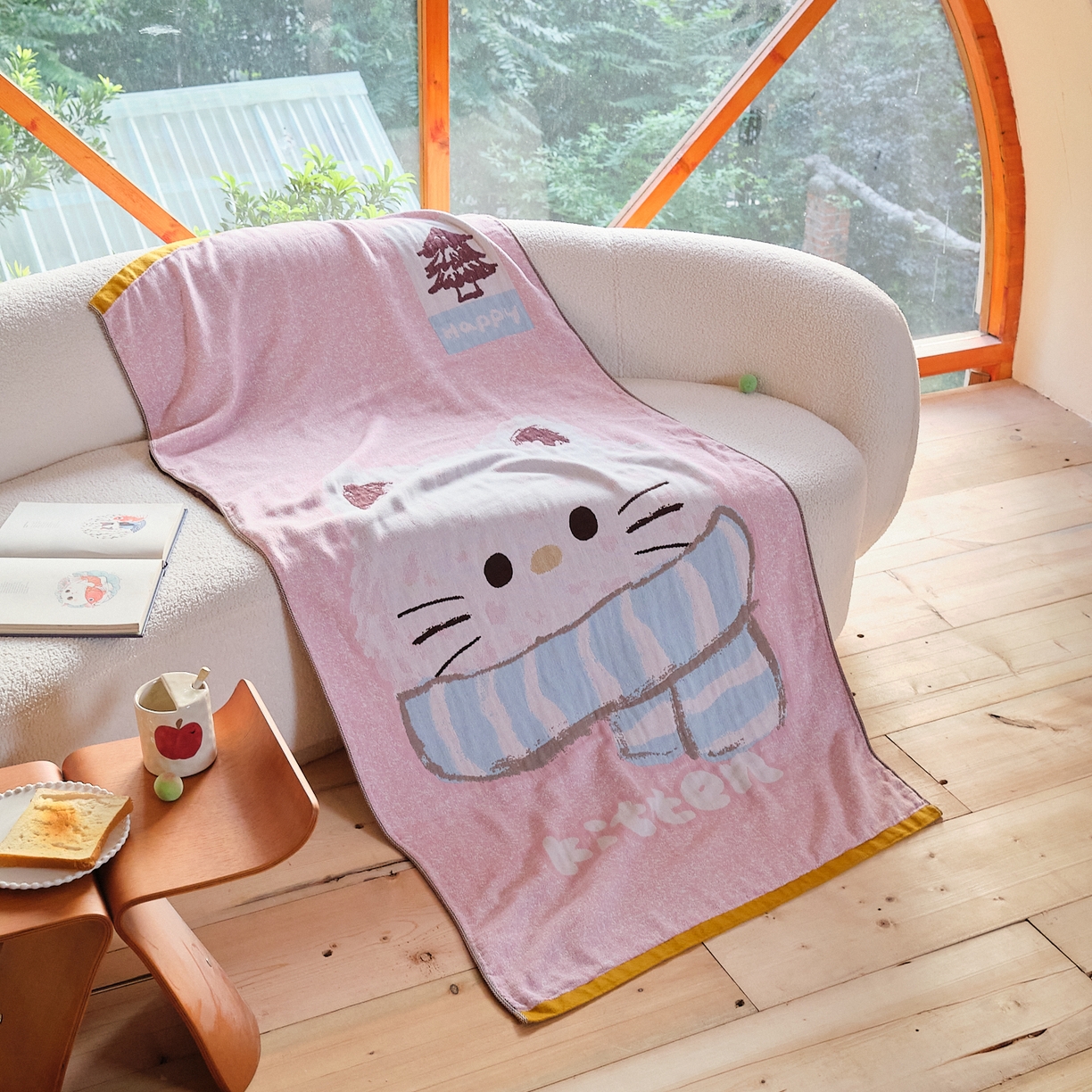 91家纺网 家纺一手货源 找家纺 沐瑟家纺 2025新款卡通A类全棉四层纱布浴巾加大毛巾-第一组 KT猫 80*160cm