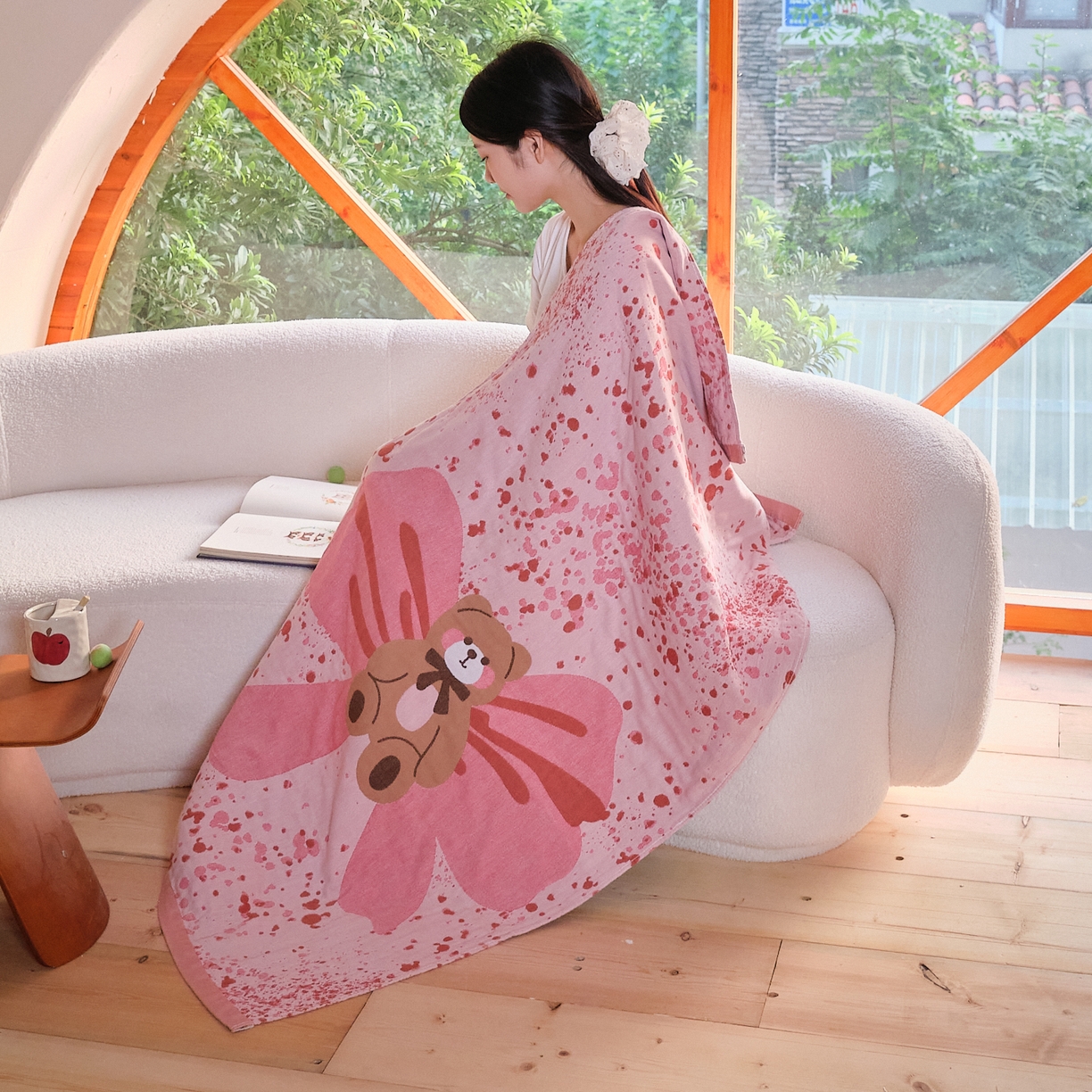 91家纺网 家纺一手货源 找家纺 沐瑟家纺 2025新款卡通A类全棉四层纱布浴巾加大毛巾-第一组 蝴蝶熊 80*160cm