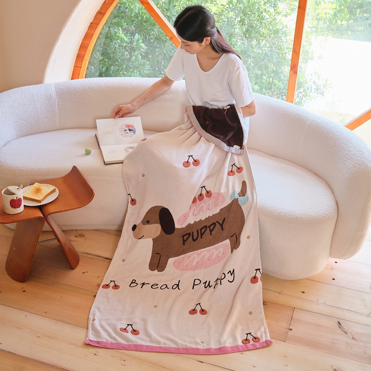 91家纺网 家纺一手货源 找家纺 沐瑟家纺 2025新款卡通A类全棉四层纱布浴巾加大毛巾-第一组 腊肠狗 80*160cm