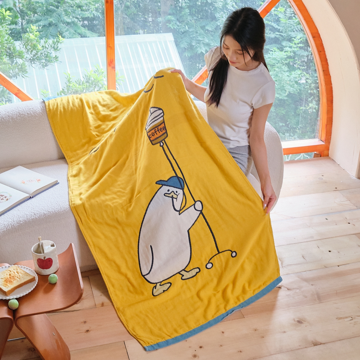 91家纺网 家纺一手货源 找家纺 沐瑟家纺 2025新款卡通A类全棉四层纱布浴巾加大毛巾-第一组 咖啡鸭 80*160cm