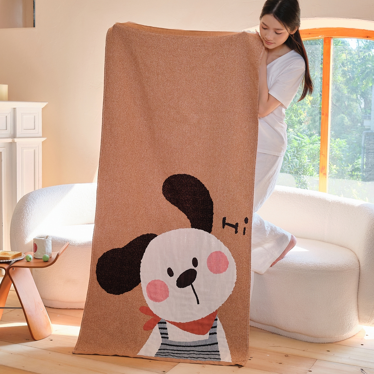 沐瑟家纺 2025新款卡通A类全棉四层纱布浴巾加大毛巾-第一组 围脖小狗 80*160cm