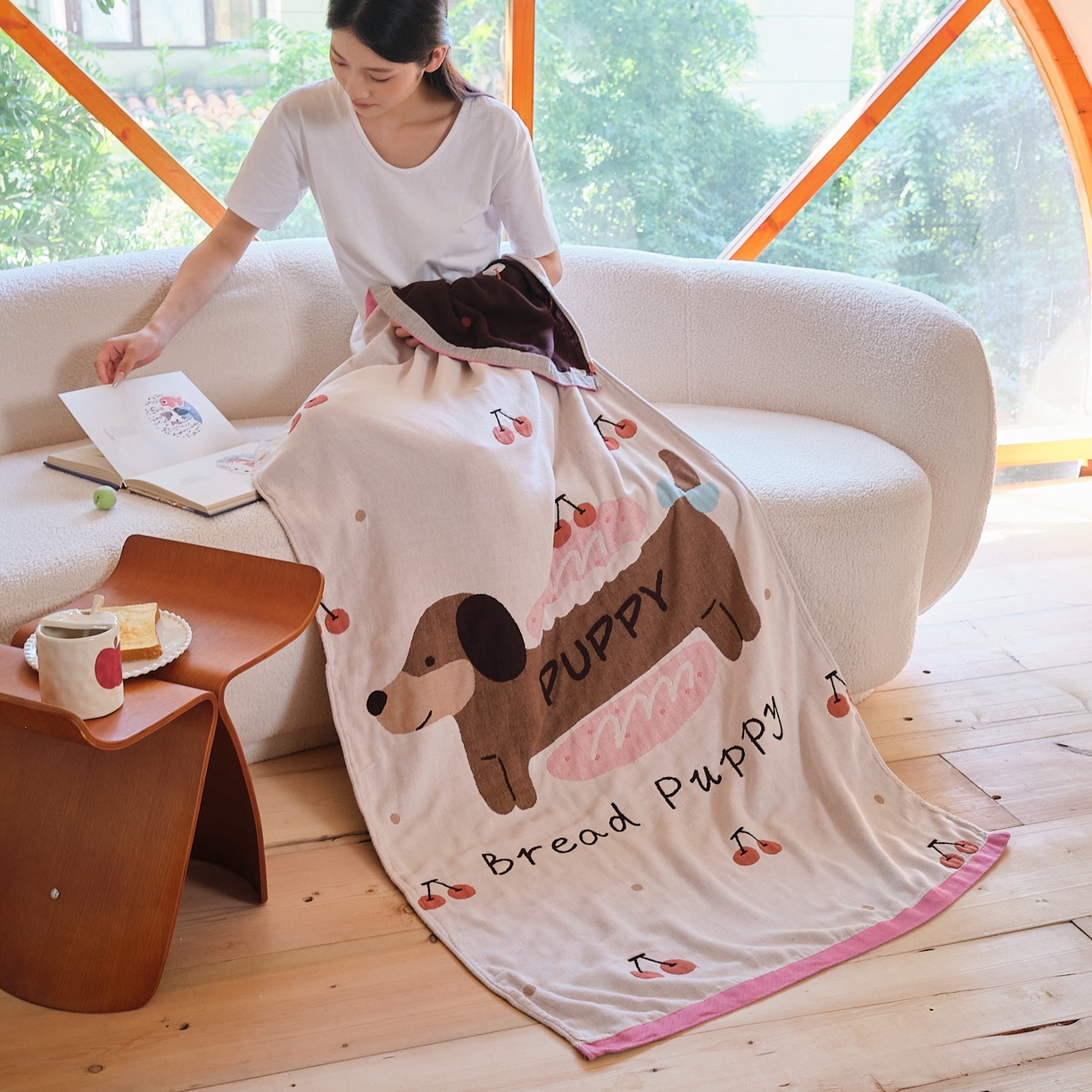 91家纺网 家纺一手货源 找家纺 沐瑟家纺 2025新款卡通A类全棉四层纱布浴巾加大毛巾-第一组 腊肠狗 80*160cm