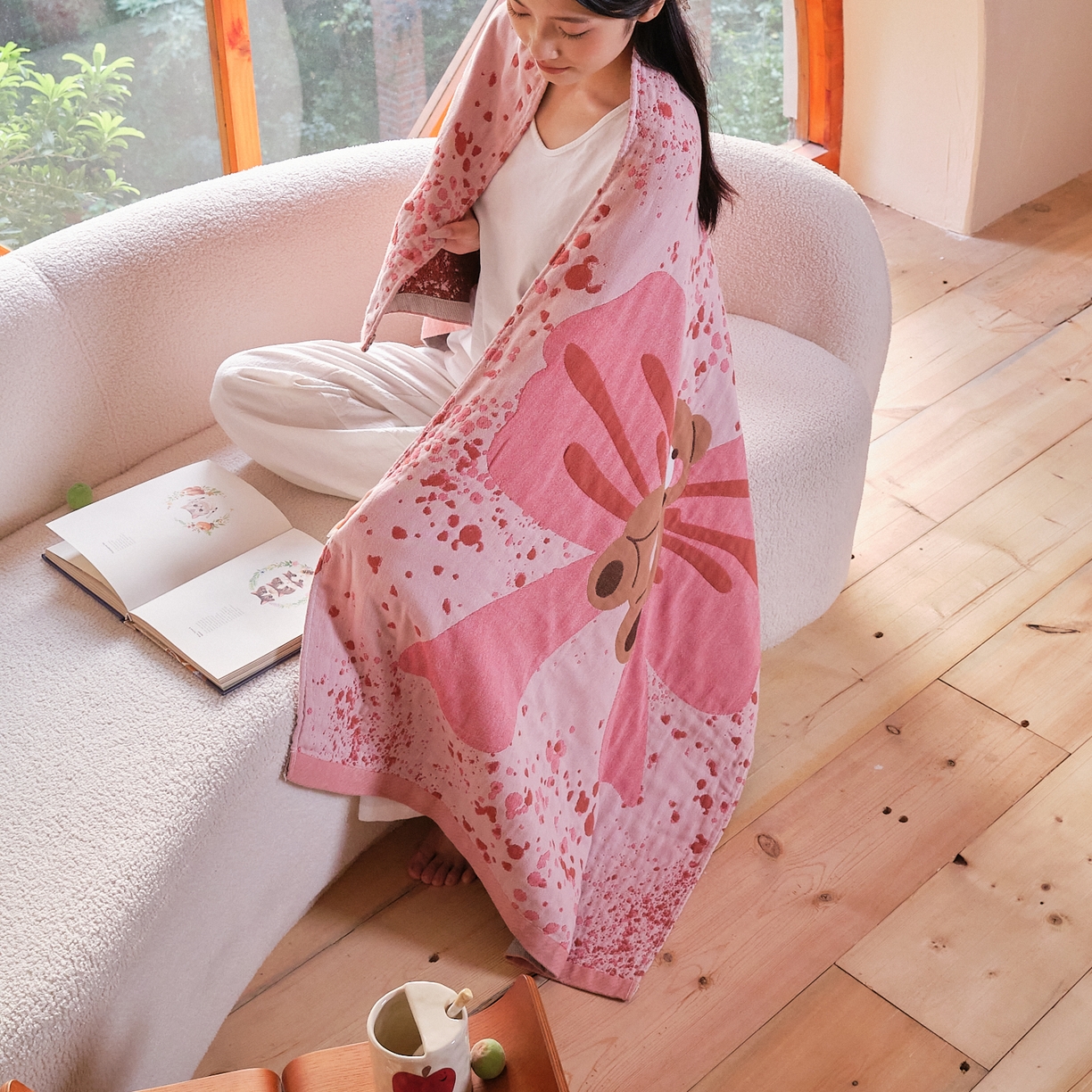 91家纺网 家纺一手货源 找家纺 沐瑟家纺 2025新款卡通A类全棉四层纱布浴巾加大毛巾-第一组 蝴蝶熊 80*160cm