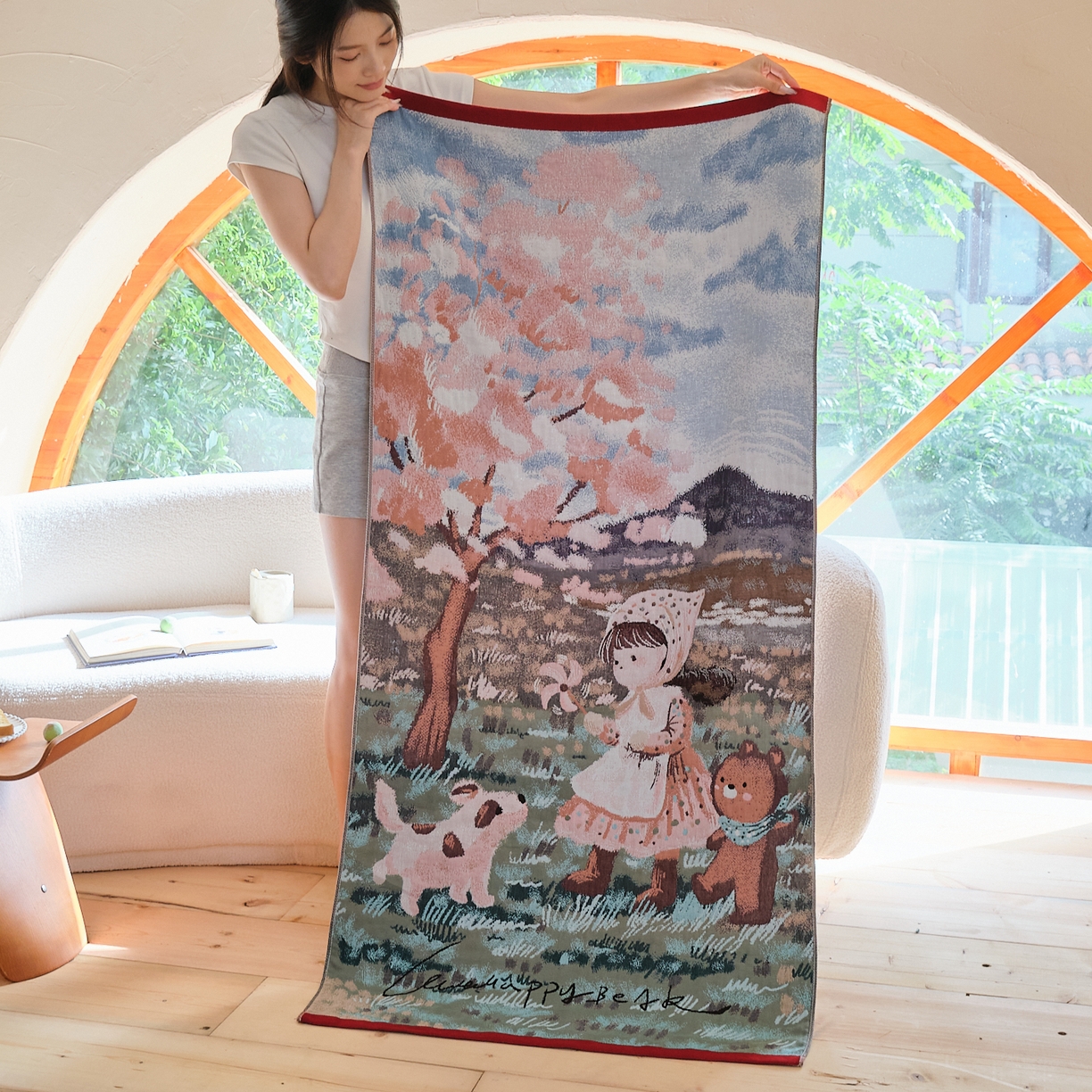 沐瑟家纺 2025新款卡通A类全棉四层纱布浴巾加大毛巾-第一组 樱花树下 80*160cm