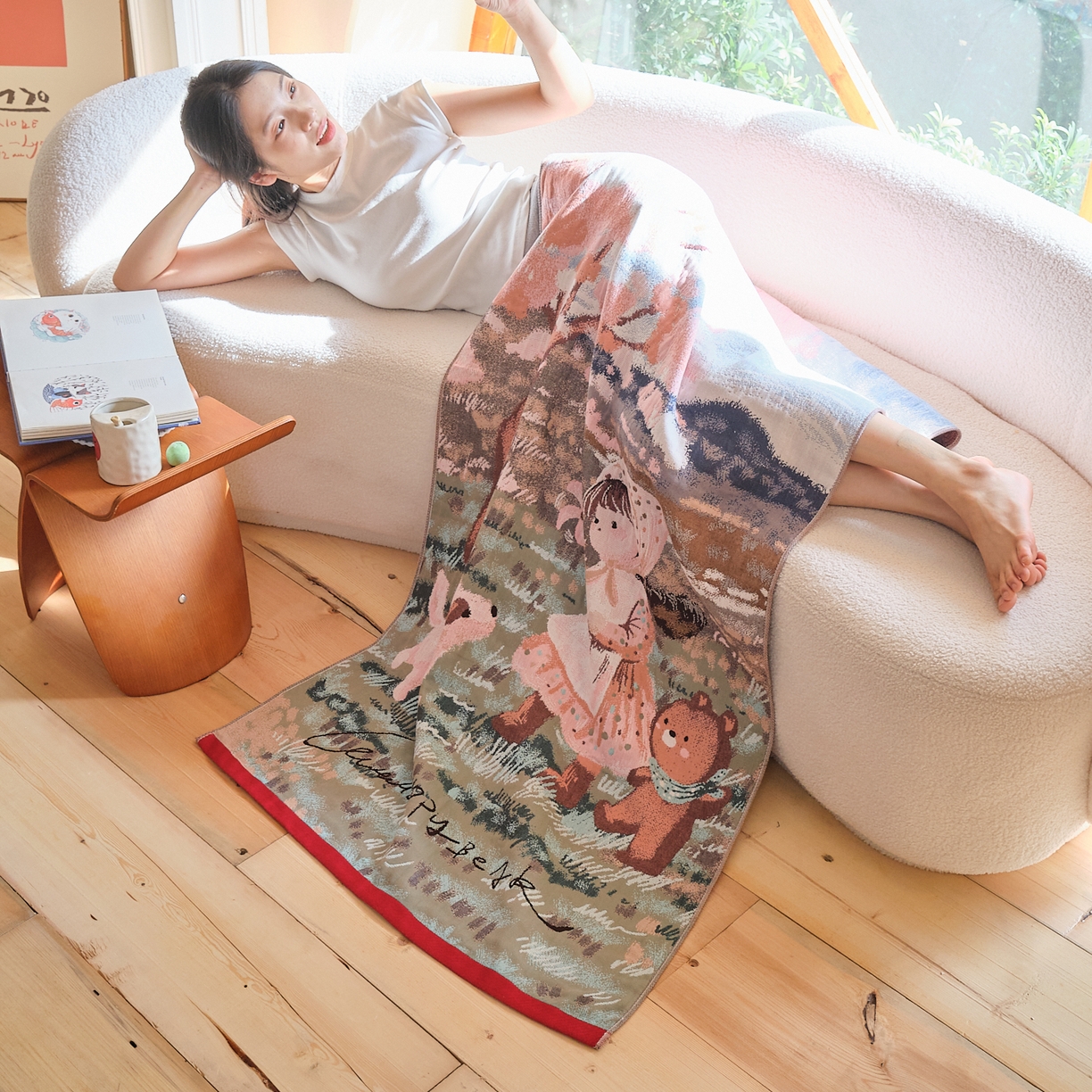 91家纺网 家纺一手货源 找家纺 沐瑟家纺 2025新款卡通A类全棉四层纱布浴巾加大毛巾-第一组 樱花树下 80*160cm